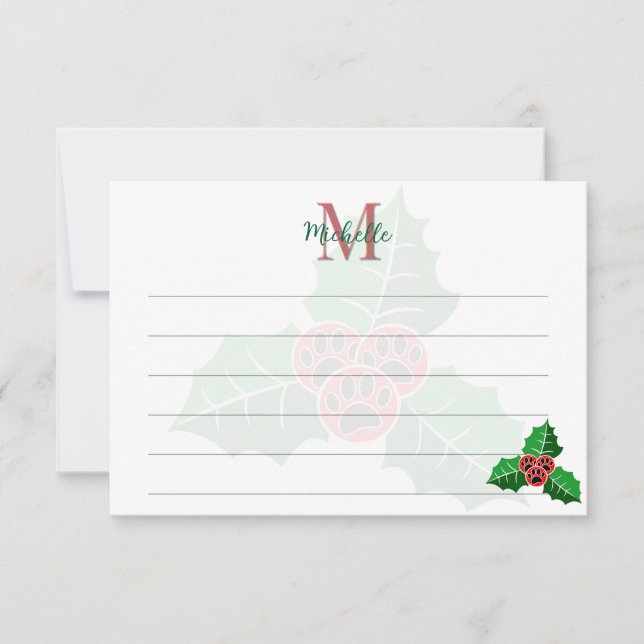 Paw Holly Leaves Christmas Custom Monogram Lined Note Card (Front)