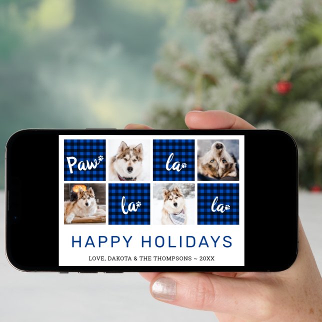 Paw La La La Blue Buffalo Plaid Pet Photo Collage  Holiday Card (Front Digital)