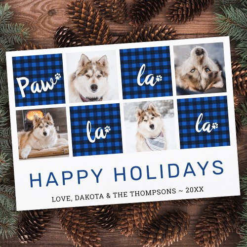 Paw La La La Blue Buffalo Plaid Pet Photo Collage  Holiday Card