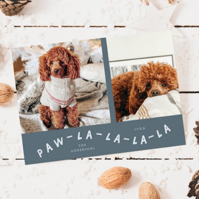 Paw-La-La-La-La Slate Blue Pet Photo Holiday Card (Creator Uploaded)