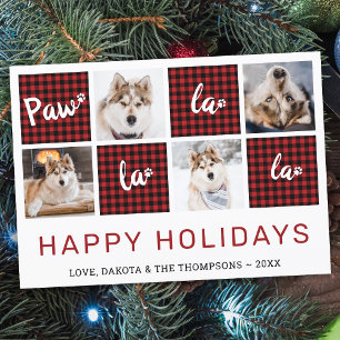 Paw La La La Red Buffalo Plaid Pet Photo Collage   Holiday Card