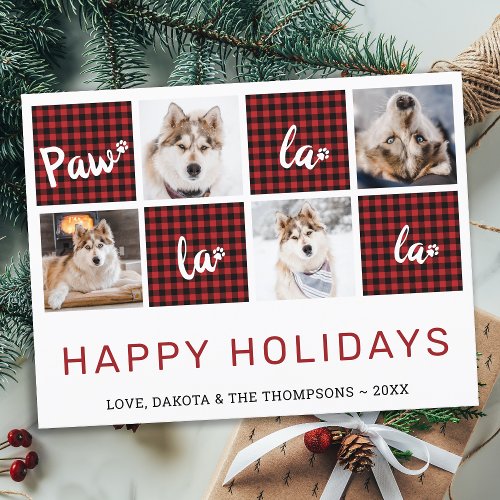 Paw La La La Red Buffalo Plaid Pet Photo Collage Holiday Postcard