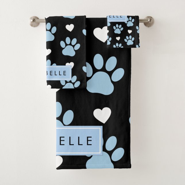 Paw Pattern, Blue Paws, White Hearts, Your Name Bath Towel Set (Insitu)