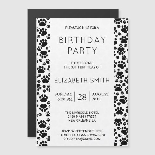 Paw Pattern Dog Paws Black and White Birthday Magnetic Invitation