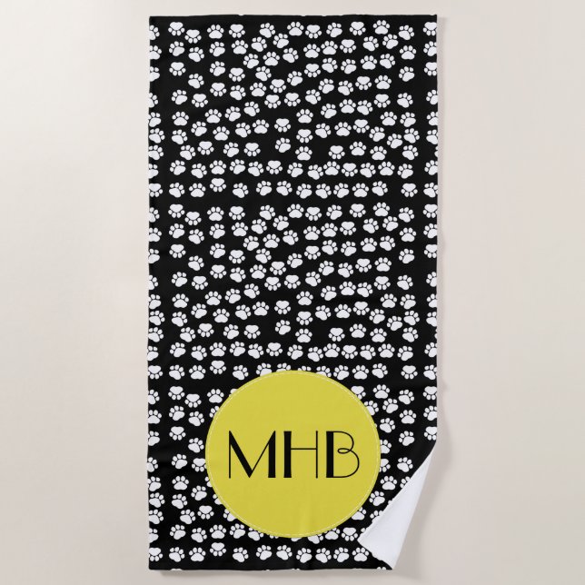 Paw Pattern, Dog Paws, Black and White, Monogram Beach Towel (Front)