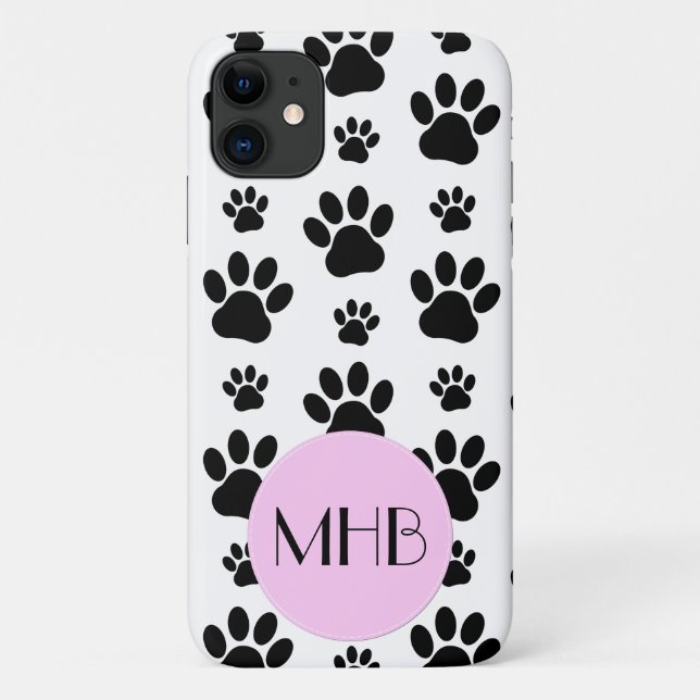 Paw Pattern, Dog Paws, Black and White, Monogram Case-Mate iPhone Case (Back)