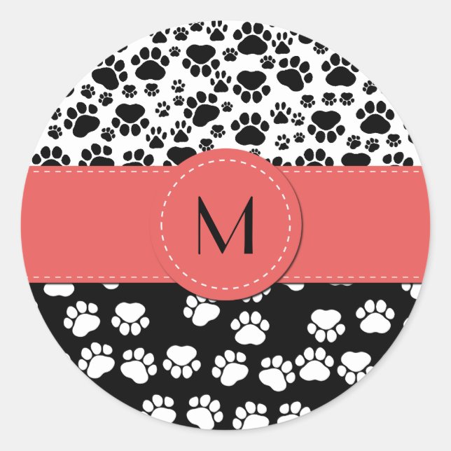 Paw Pattern, Dog Paws, Black and White, Monogram Classic Round Sticker (Front)
