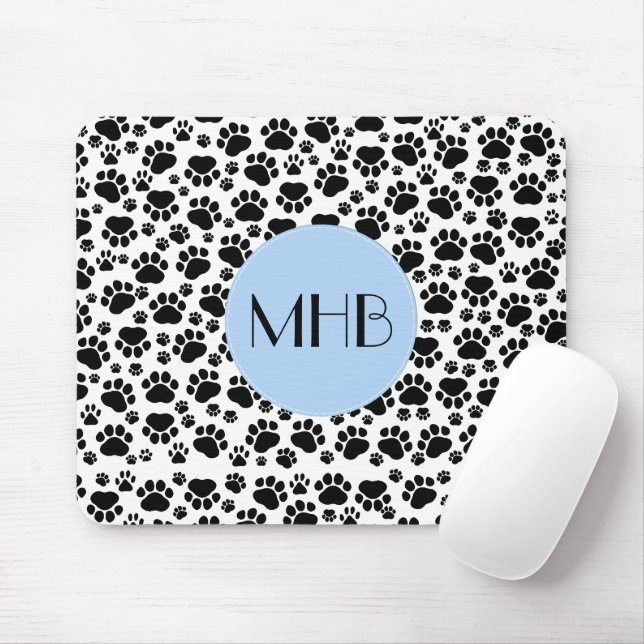 Paw Pattern, Dog Paws, Black and White, Monogram Mouse Pad (With Mouse)