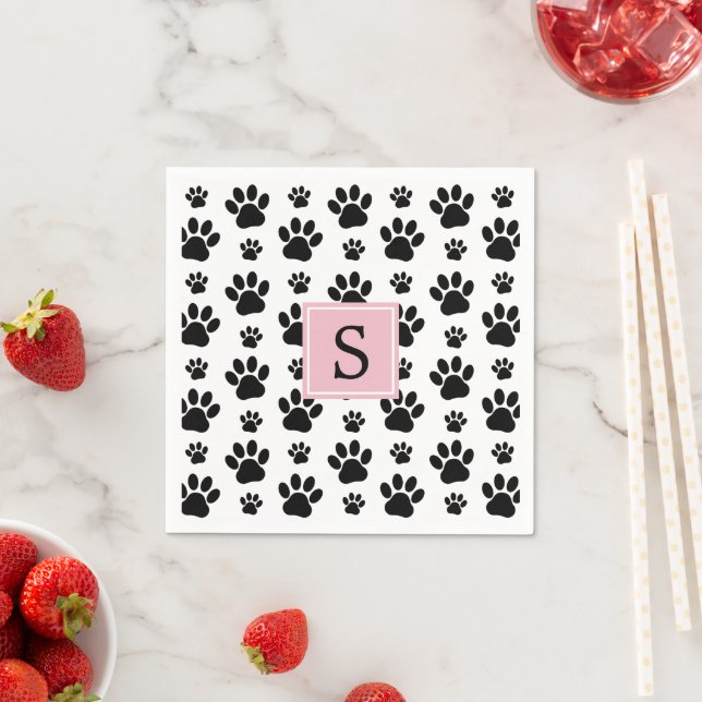 Paw Pattern, Dog Paws, Black and White, Monogram Napkins (Insitu)