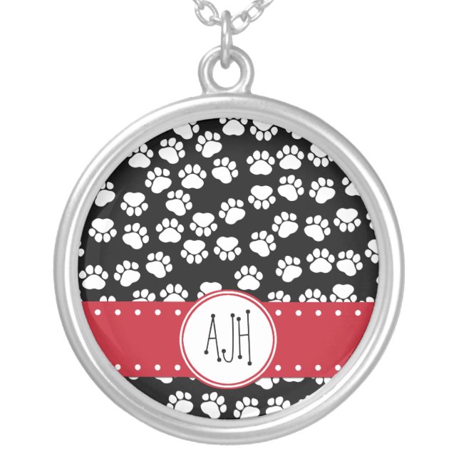 Paw Pattern, Dog Paws, Black and White, Monogram Silver Plated Necklace (Front)