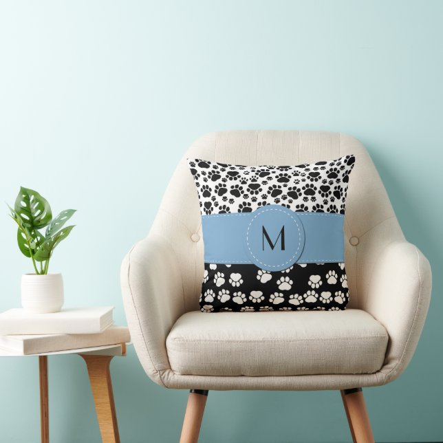 Paw Pattern, Dog Paws, Black and White, Monogram Throw Pillow (Chair)