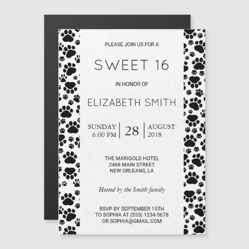 Paw Pattern Dog Paws Black and White Sweet 16 Magnetic Invitation