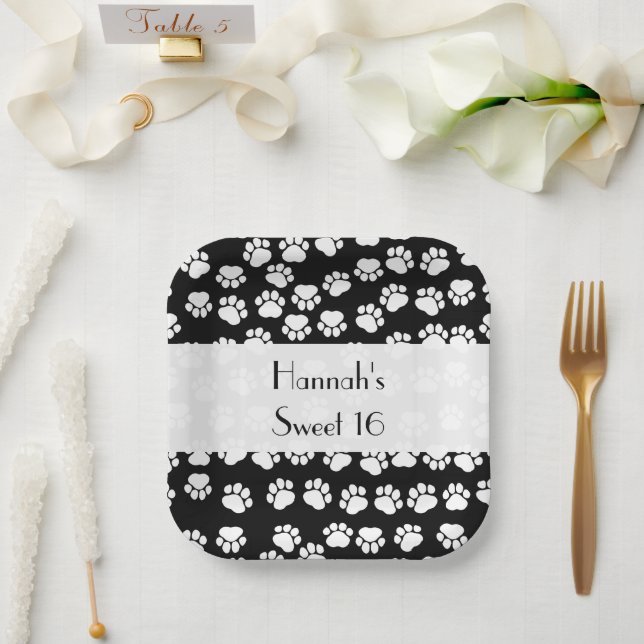 Paw Pattern, Dog Paws, Black and White, Sweet 16 Paper Plates (Wedding)