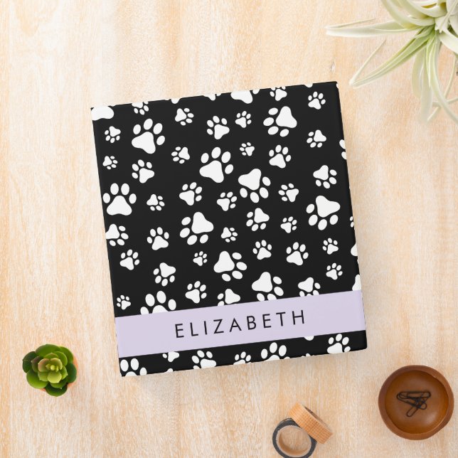 Paw Pattern, Dog Paws, Black and White, Your Name 3 Ring Binder (In Situ)