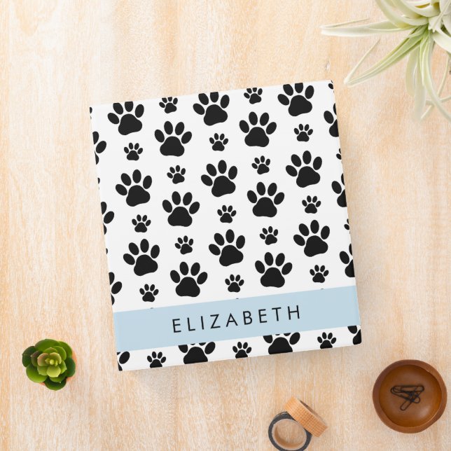 Paw Pattern, Dog Paws, Black and White, Your Name 3 Ring Binder (In Situ)