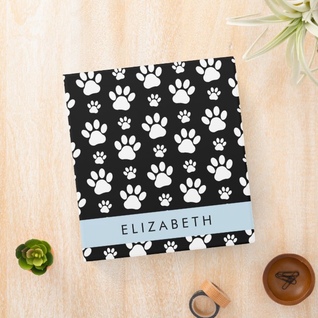 Paw Pattern, Dog Paws, Black and White, Your Name 3 Ring Binder (In Situ)