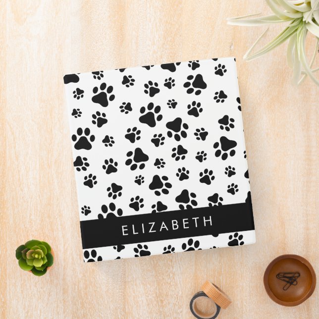 Paw Pattern, Dog Paws, Black and White, Your Name 3 Ring Binder (In Situ)