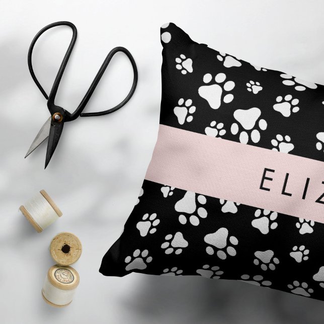 Paw Pattern, Dog Paws, Black and White, Your Name Accent Pillow (Creator Uploaded)