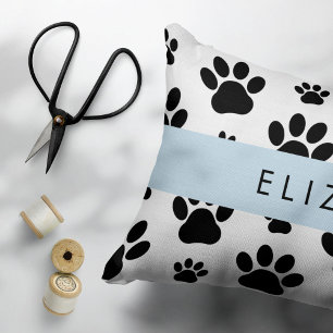 Paw Pattern, Dog Paws, Black and White, Your Name Accent Pillow