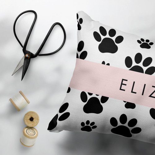 Paw Pattern Dog Paws Black and White Your Name Accent Pillow