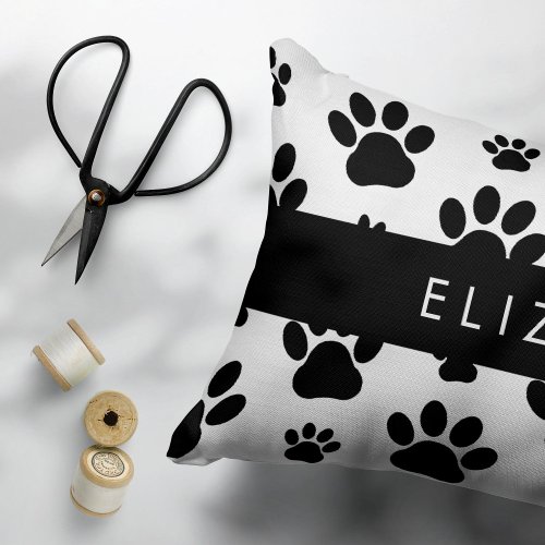 Paw Pattern Dog Paws Black and White Your Name Accent Pillow