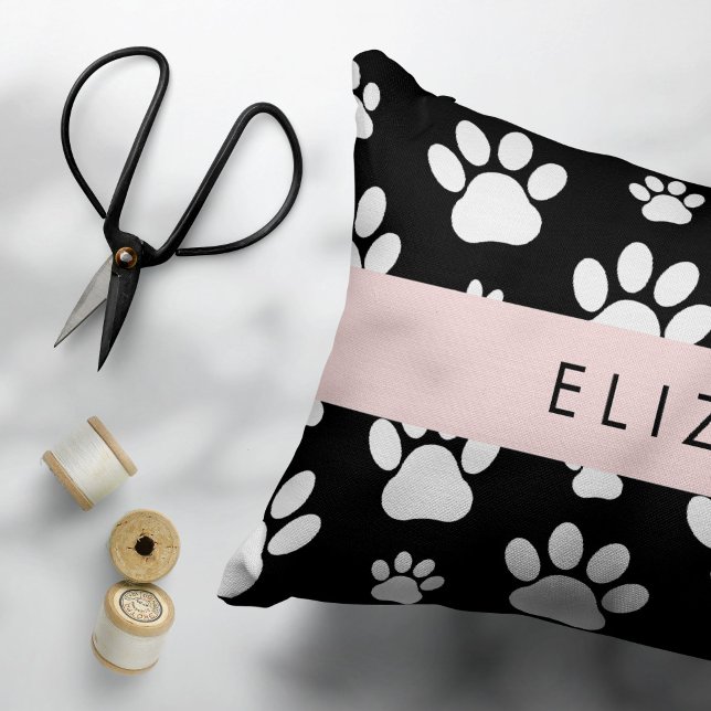 Paw Pattern, Dog Paws, Black and White, Your Name Accent Pillow (Creator Uploaded)