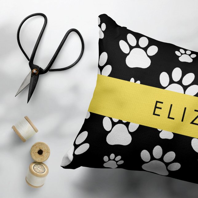 Paw Pattern, Dog Paws, Black and White, Your Name Accent Pillow (Creator Uploaded)
