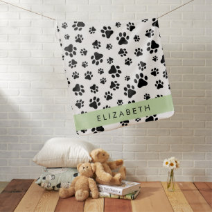 Paw Pattern, Dog Paws, Black and White, Your Name Baby Blanket