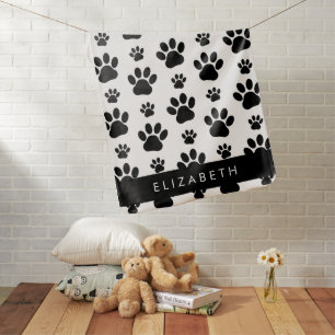 Paw Pattern, Dog Paws, Black and White, Your Name Baby Blanket