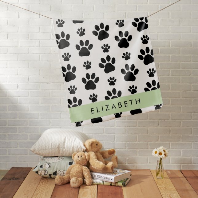 Paw Pattern, Dog Paws, Black and White, Your Name Baby Blanket (In Situ)