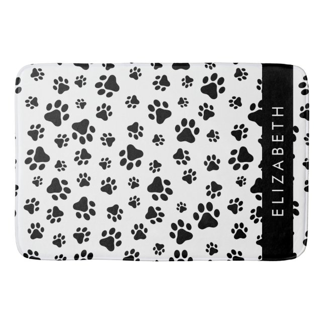 Paw Pattern, Dog Paws, Black and White, Your Name Bath Mat (Front)