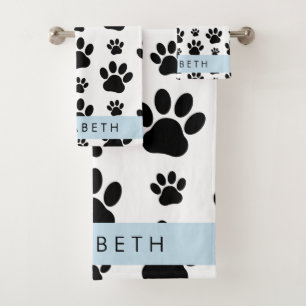 Paw Pattern, Dog Paws, Black and White, Your Name Bath Towel Set