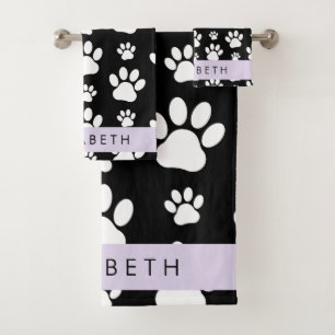 Paw Pattern, Dog Paws, Black and White, Your Name Bath Towel Set