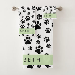 Paw Pattern, Dog Paws, Black and White, Your Name Bath Towel Set