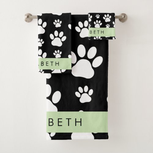 Paw Pattern Dog Paws Black and White Your Name Bath Towel Set