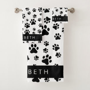 Paw Pattern, Dog Paws, Black and White, Your Name Bath Towel Set