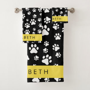 Paw Pattern, Dog Paws, Black and White, Your Name Bath Towel Set