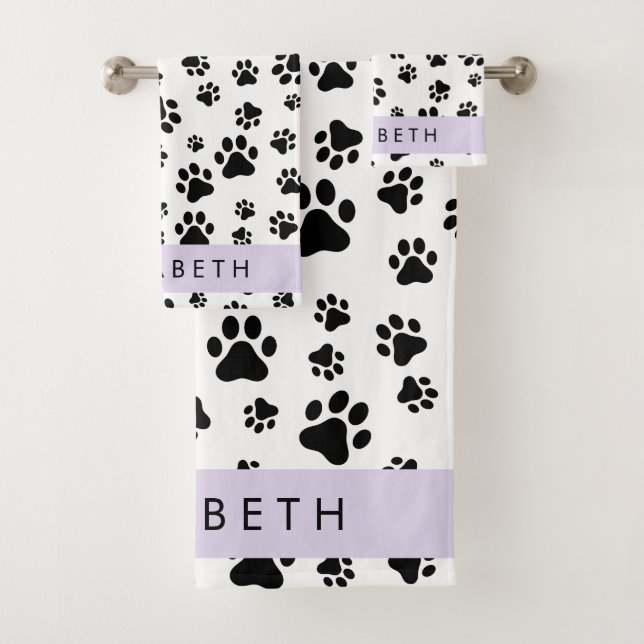 Paw Pattern, Dog Paws, Black and White, Your Name Bath Towel Set (Insitu)