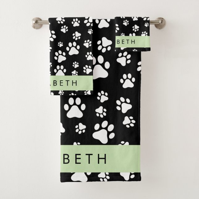 Paw Pattern, Dog Paws, Black and White, Your Name Bath Towel Set (Insitu)