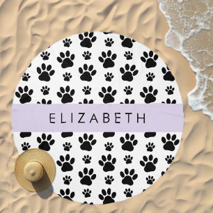 Paw Pattern, Dog Paws, Black and White, Your Name Beach Towel