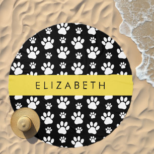 Paw Pattern, Dog Paws, Black and White, Your Name Beach Towel