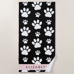 Paw Pattern, Dog Paws, Black and White, Your Name Beach Towel