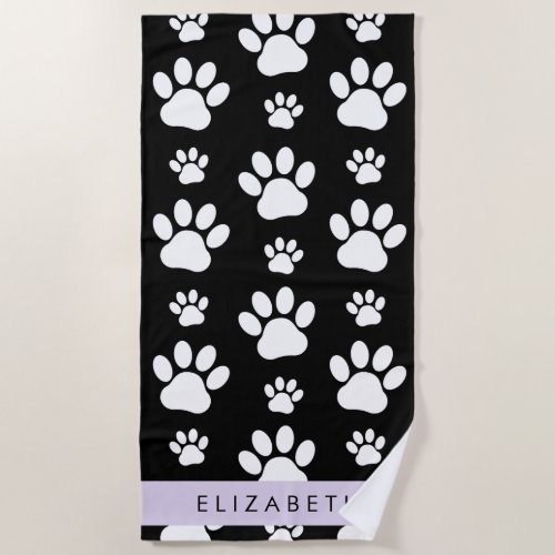 Paw Pattern Dog Paws Black and White Your Name Beach Towel