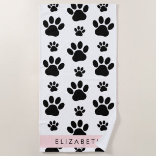 Paw Pattern, Dog Paws, Black and White, Your Name Beach Towel
