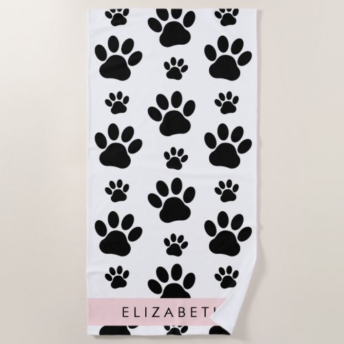 Paw Pattern Dog Paws Black and White Your Name Beach Towel