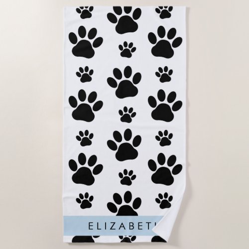 Paw Pattern Dog Paws Black and White Your Name Beach Towel