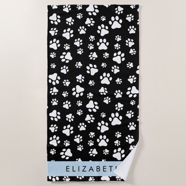 Paw Pattern, Dog Paws, Black and White, Your Name Beach Towel (Front)