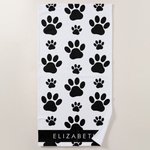 Paw Pattern Dog Paws Black and White Your Name Beach Towel