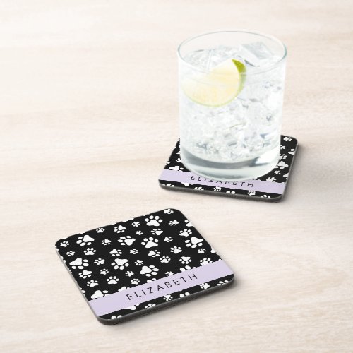 Paw Pattern Dog Paws Black and White Your Name Beverage Coaster