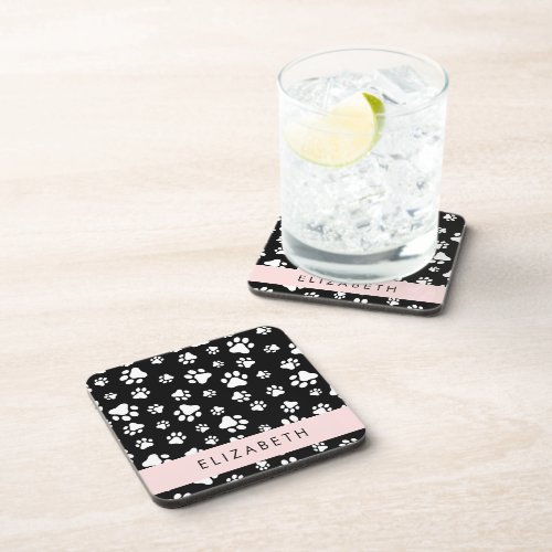 Paw Pattern Dog Paws Black and White Your Name Beverage Coaster